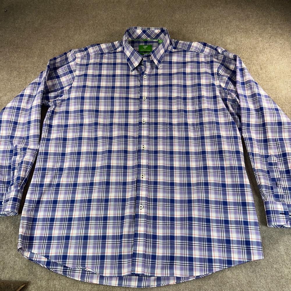 Forsyth of Canada Mens XL Purple Blue Plaid Non Iron Cotton Button Down Shirt